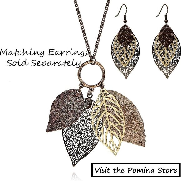 Gold Silver Two Tone Filigree Fall Leaf Pendant Long Necklace Chic Sweater Chain - Picture 5 of 9